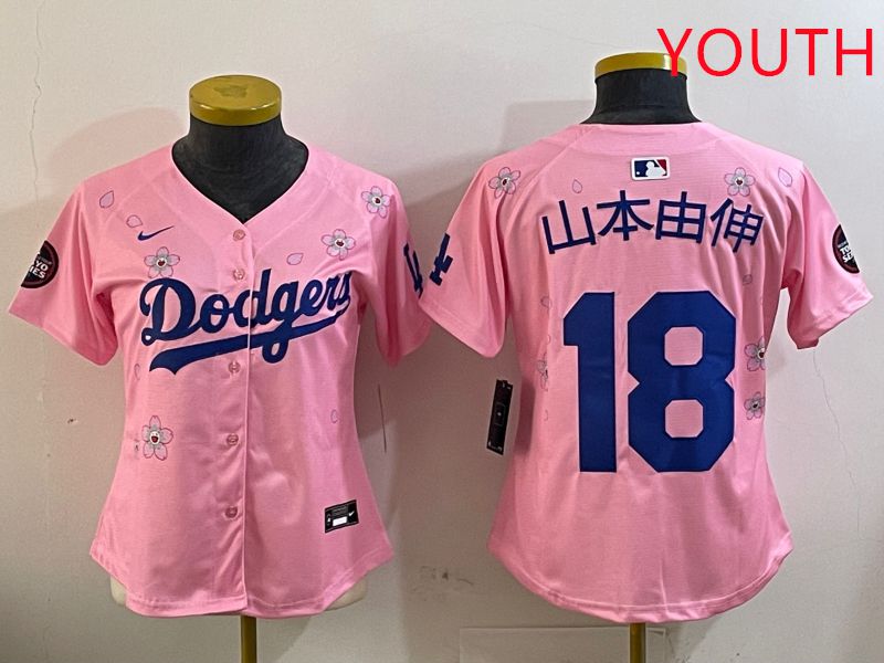 Youth Los Angeles Dodgers #18 Yamamoto Pink Sakura Edition 2025 Nike MLB Jersey style 1->youth mlb jersey->Youth Jersey